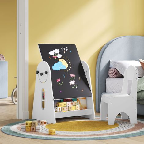 WOLTU Kindertisch mit 2 Stühlen, Kindersitzgruppe, Kindertisch mit Stauraum Tafel, zur Staffelei umbaubar, Maltisch , Kindermöbel Set für Kinder, Weiß (1/5)