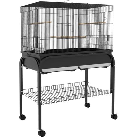 Voliera Gabbia per Uccelli da Interno 85x49x119 cm con Vassoio Ripiano e Ruote con Freno Nero (1/5)