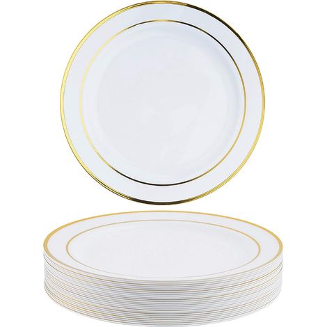 Lot de 25 assiettes à dessert blanches en plastique avec cadre doré, 19 cm, pour mariage, anniversaire et fête. (1/5)