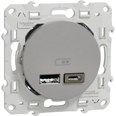 Schneider Electric – Prise USB double type A+C en aluminium – 5V 2,4A – Protection contre courts-circuits – Normes EN 60335-1, EN 60950-1, EN 61558-1 (1/3)
