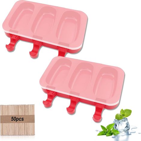 Lot de 2 moules à glace en silicone, 3 cavités, moules à glace, sans BPA, moule à popsicle avec 50 bâtonnets et couvercle en silicone pour dessert DIY (rouge) (1/5)