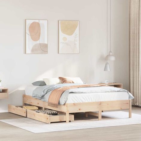 Cadre de lit 140x200 cm en bois massif de pin avec deux tiroirs de rangement intégrés et sommier à lattes pour un sommeil optimal (1/4)