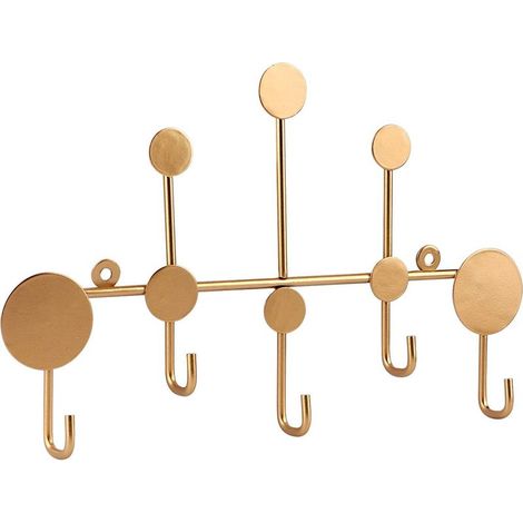 Wandmontierte Garderobenhaken, vergoldeter Metallbügel mit 5 Haken, robust, für Kleidung, Hüte, Schlüssel, Handtücher und Taschen. (1/5)