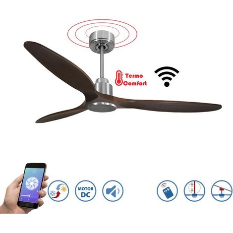 Tenerife  - Super destratificateur et ventilateur DC 166 cm  Chrome pales bois sombre sans Lumière 30 à 60 m²
