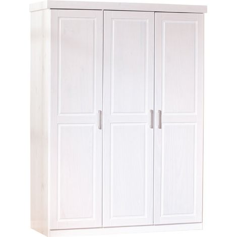 Pegane – Armoire 3 portes blanche en bois pin massif – Dimensions 140 x 55 x 190 cm – Aménagement intérieur spacieux pour vêtements