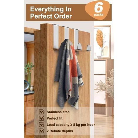 6-Piece Stainless Steel Door Hook Set for Doors, Drawers, Cupboards or Wardrobes – Ideal for Kitchens, Bathrooms and Bedrooms (1/3)