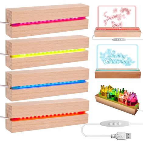 Lot de 4 socles LED en bois - Base d'affichage LED - Socle lumineux USB - Socle en bois éclairé rectangulaire - Pour plaques acryliques - Art en cristal - Plaque de verre multicolore (1/5)
