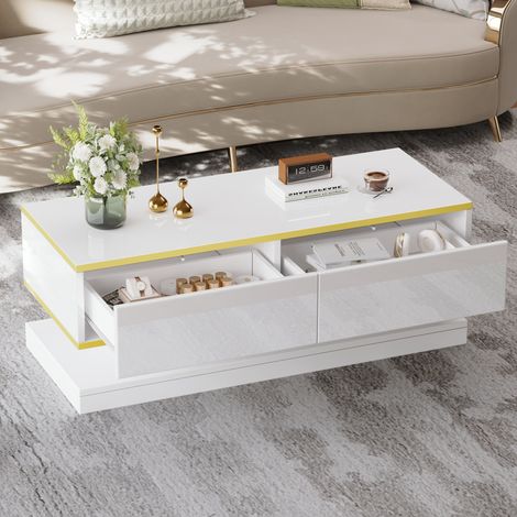 Mesa de centro de aglomerado blanco brillo con borde dorado 100 cm y 2 cajones (1/5)