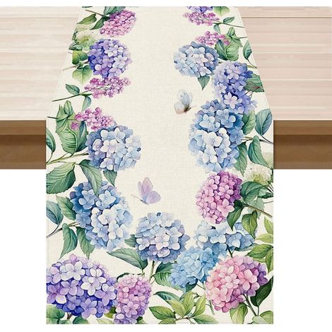 Nappe De Table - Feuilles D'Hydrangea Et Papillon - Décoration De Salle À Manger Intérieure - 33 X 183 Cm - Lin Naturel (1/5)