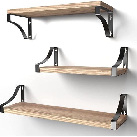Set of 3 Wall Shelves, Wood and Metal Wall Shelves, Rustic Wire Wall Storage Shelves, Maximum Load 10kg for Living Room, Bedroom, Office, Bathroom or Kitchen (1/5)