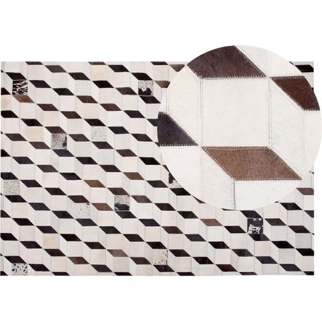 Alfombra de piel de vacuno patchwork blanca rectangular 140 x 200 cm patrón 3D hecha a mano Alpkoy (1/5)