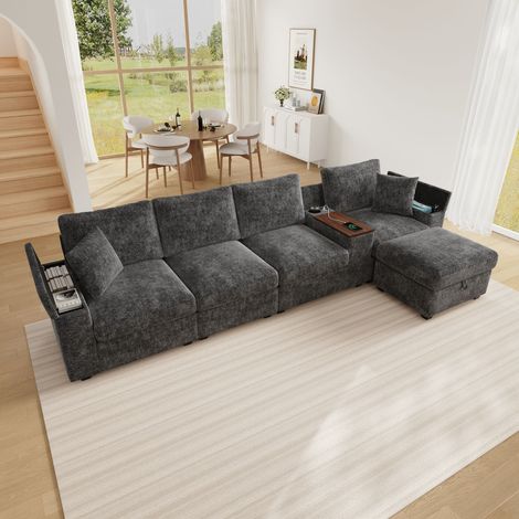 Canapé d'angle modulable avec pouf, canapé d'angle multifonctionnel avec rangement, ports USB/Type-C, porte-gobelets, table basse pivotante à 360°, rangement dans les accoudoirs, canapé gris pour salo (1/4)
