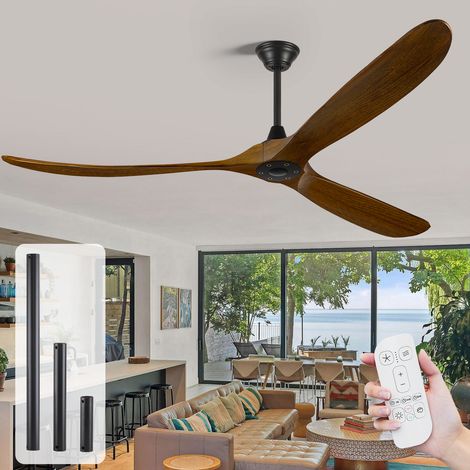 Ventilateur de Plafond Silencieux, Télécommande, 3 Pales en Bois, Moderne Style Ferme, Moteur DC, Intérieur et Extérieur Abrité Chambre Salons Terrasses - 178cm - Marron (1/5)