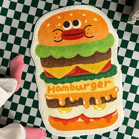 Tapis de sol rétro américain en imitation cachemire, motif hamburger, dessin animé amusant et mignon, antidérapant et absorbant, facile à nettoyer, idéal pour la chambre, motif floral rouge simple, 40 (1/5)