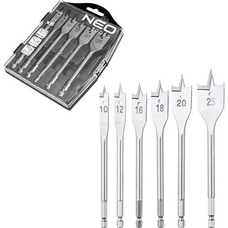 Punte da trapano per legno a forma di vanga, misure 10, 12, 16, 18, 20, 25 mm, set da 6. (1/3)