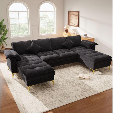 Canapé d’angle modulable 262x134x86 cm en tissu chenille noir, moderne pour salon FLORAGRACE (1/5)