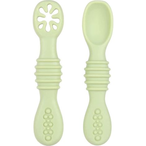 Cuillère bébé en silicone, lot de 2, ustensile d'apprentissage adapté aux premières poussées dentaires, recommandé par les spécialistes du sevrage (vert) (1/5)