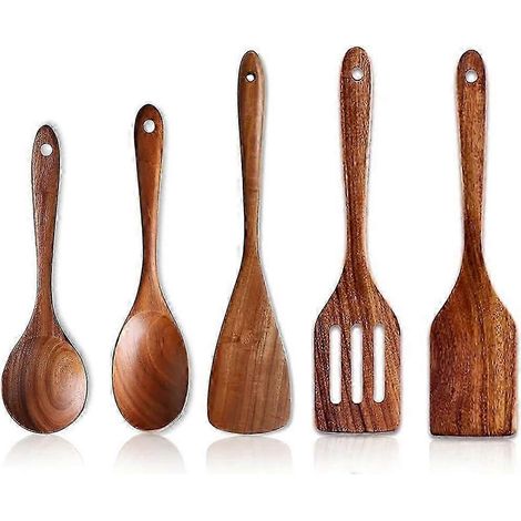 Ensemble de 5 ustensiles de cuisine de luxe en bois : cuillères, spatule antiadhésive et autres accessoires de cuisine. Spatule en bois de qualité supérieure. (1/5)