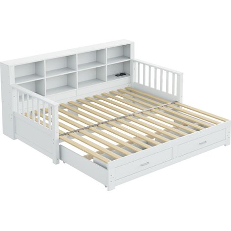 Sofá cama extensible de madera blanca 90x190/180x190 cm con cajones, estantes y enchufe (1/5)