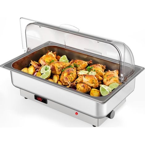 Chafing dish électrique 600W en acier inoxydable – Chauffe-plat buffet avec couvercle roll-top transparent – 1 bac 1/1 + 2 bacs 1/2 – Prise européenne 220V– Spécifications : European standard 220V (1/5)