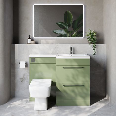 Napoli 460 Olive Green 1100mm 2 Drawer Vanity Unit Toilet Suite with Right Hand Square Lucia Basin - 1100mm - Gunmetal Grey 320mm HandleWith Kingston Toilet Pan and Seat