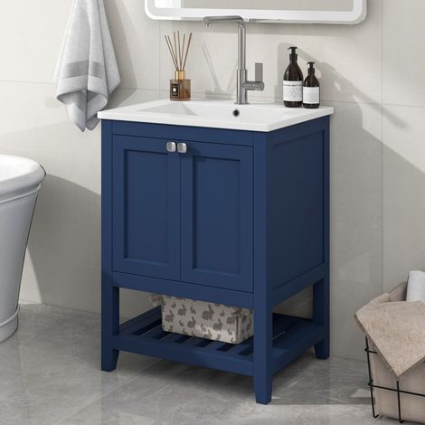 Meuble salle de bain lavabo simple 60cm avec meuble sous vasque céramique, bleu (1/5)