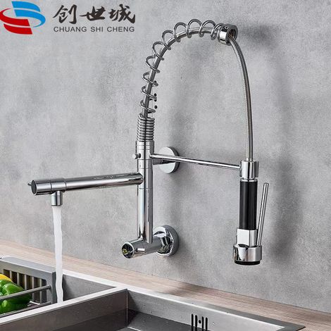 All-copper black wall-mounted spring-loaded single-cold kitchen faucet for sinks, vegetable basins, and dishwashers - rotatable faucet with single-cold electroplating.