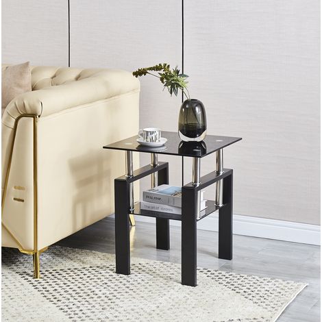 MODFU – Mesa auxiliar de 2 niveles con tablero de vidrio templado transparente, almacenamiento, para espacios pequeños – Negro (1/5)