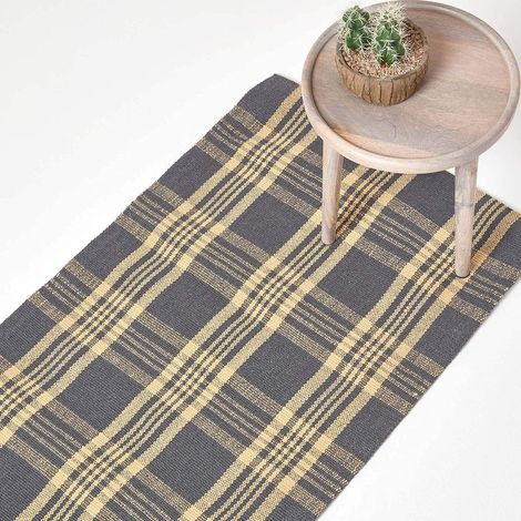 HOMESCAPES Douglas Grey and Yellow Tartan Check Non-Slip 100% Wool Rug, 66 x 200 cm