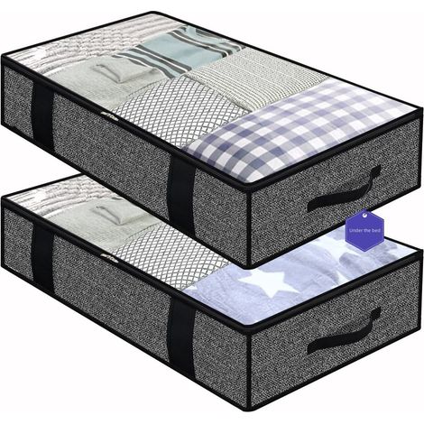 Bolsas de almacenamiento debajo de la cama, juego de 2, organizador de armario de lados suaves, plegable, ahorra espacio con 4 asas reforzadas para guardar ropa y edredones, 100 x 50 x 15 cm, negro