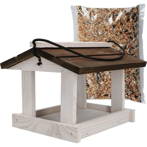 Mangiatoia per uccelli in legno da appendere, bianca e marrone, con cibo incluso (0,5 kg). (1/5)