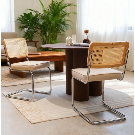 Lot de 2 chaises de salle à manger cantilever en velours et rotin beige, pieds chromés (1/5)