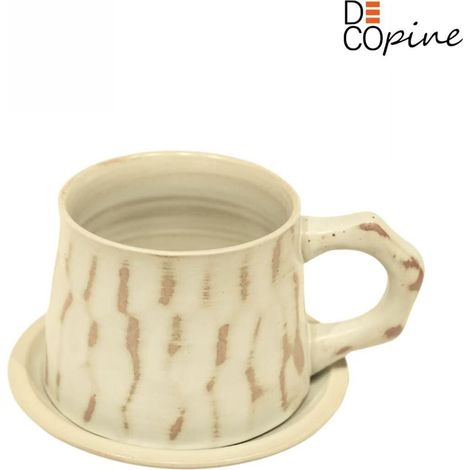 Tasse à café en céramique émaillée – Style wabi-sabi japonais – 300 ml – Avec soucoupe – Blanc (1/3)