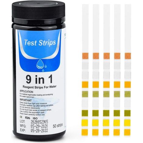 Bandelette Test Eau Piscine - 9 Paramètres pH Dureté Alcalinité Totale Fer Cuivre Plomb Nitrate Nitrite Fluorure - Pour Piscine Eau Potable Eaux Usées - Lot de 50 (1/5)