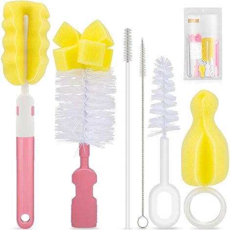 6 Pièces Brosse pour bouteille,Goupillon Biberon, Bouteille Brosse Brosse Eponge à Long Manche, Mini Brosse Eponge, Brosse en Nylon, Brosse à Paille (1/5)