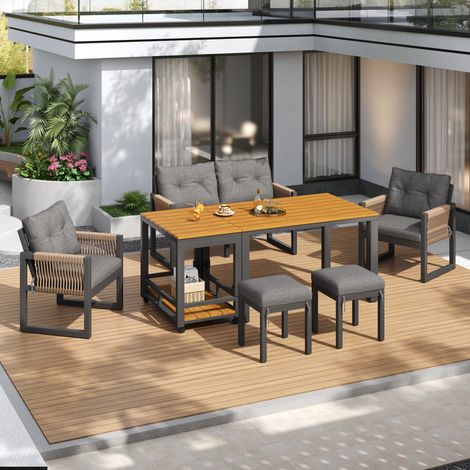 Salon de jardin 6 places, Ensemble canapé de terrasse avec table de repas et poufs, en corde tressée et, Set de 6 pièces, Gris et naturel (1/5)