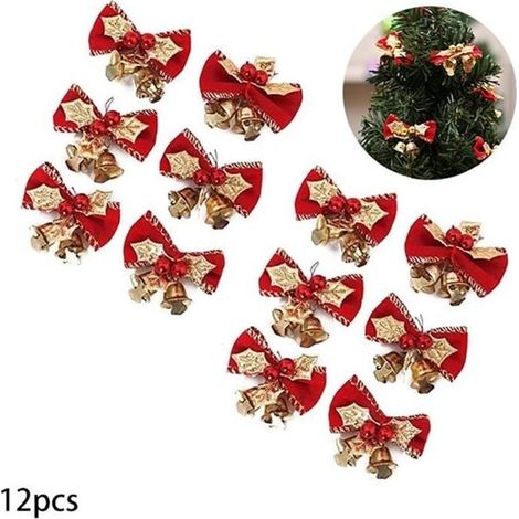 12pcs noel mignon arc avec cloches mini bowknot décoration noël arc de noël arbre sapin décoration suspendu décoration (rouge) (1/3)