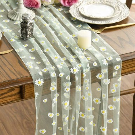Camino de mesa，75 x 300 cm，Malla transparente y tul，Estampado floral (margaritas)，Ideal para bodas y banquetes，Adecuado para reuniones familiares (1/5)