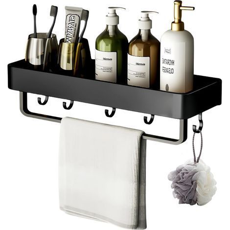 Mensola da doccia senza foratura con 5 ganci e portasciugamani, 30 cm, per bagno e cucina. (1/5)