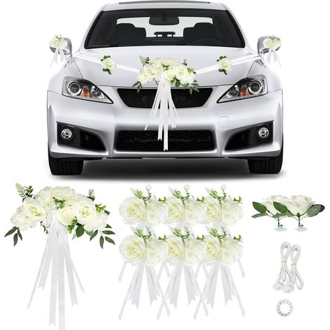 Déco Voiture Mariage, 9 Roses Blanches, Ventouses, Rubans, Capot, Bouquet, Élégante, Originale, Fête, Mariée (1/5)