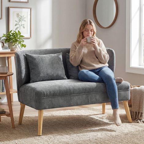 Canapé 2 places, petit canapé en chenille avec dossier à oreilles, assise épaisse, pieds en hévéa, gris (1/5)