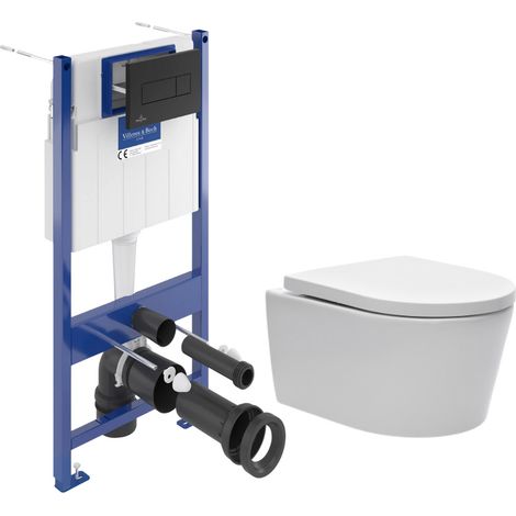WC Pack und Vorwandelement + SAT-WC ohne Flansch + SoftClose-Sitz + Schwarze Platte (VCNSAT4)