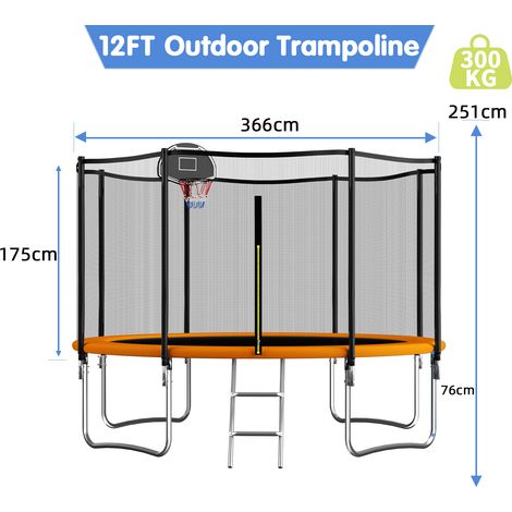 12FT Outdoor Trampoline With Basketball Hoop, Garden Trampoline With Safety Net & Ladder, Available For Toddlers And Adults, Up to 150kg