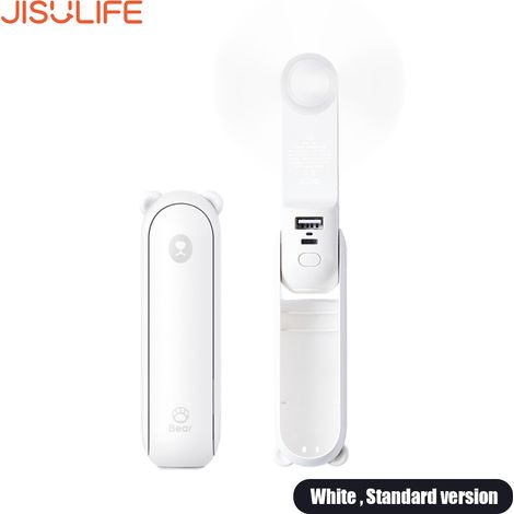Mini ventilatore portatile JISULIFE con batteria esterna integrata, doppio utilizzo, 129 g, pieghevole, ricarica USB-C, batteria da 4800 mAh, silenzioso e con funzione torcia. (1/5)