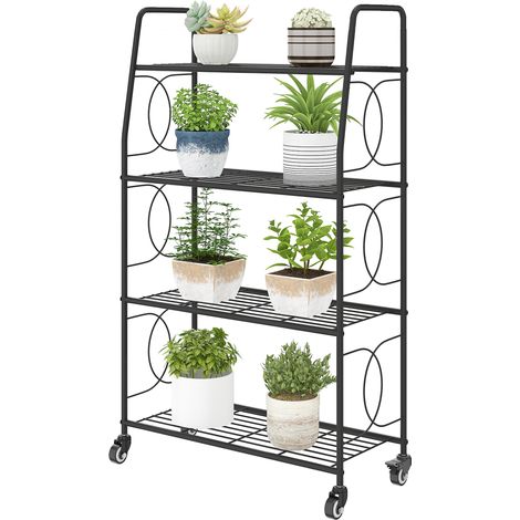 Étagère à Fleurs en métal 4 Niveaux avec roues Intérieur et Extérieur, support de plantes 67 x 29 x 114 cm Noir