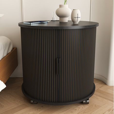Mesita de noche cilíndrica con estación de carga, puerta corredera, negro OKMYHOME (1/5)