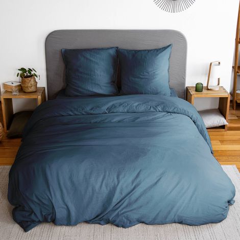 sweeek - Bettwäche-Set nachtblau aus vorgewaschener Mikrofaser für ein Doppelbett - 260 x 240 cm