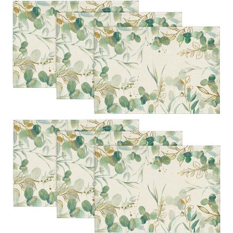 Lot de 6 sets de table d'été eucalyptus vert, printemps, saisonnier, cuisine, décoration intérieure, vacances,30 x 45 cm (1/5)