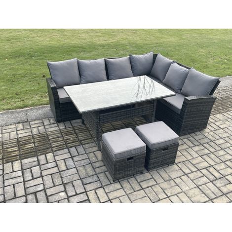 Fimous 8 Seater Garden Rattan Furniture Corner Sofa Dining Table Set with 2 Small Footstools Indoor Outdoor Lounge Sofa Set (1/5)