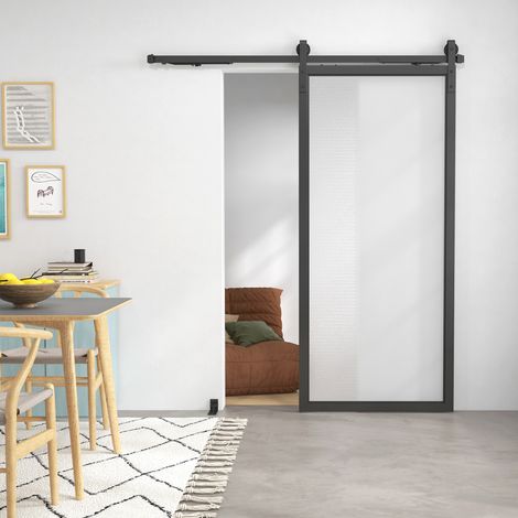 Schiebetür-Bausatz, leise & leichtgängig, für Holz- & Zementwände, 183cm, Stahl, Schwarz